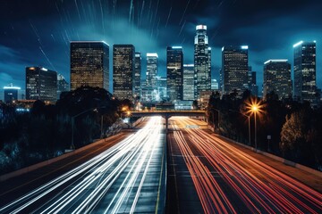 City skyline at night with light trails from speeding cars on a highway