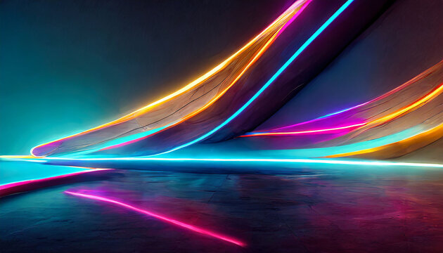 d render. Abstract neon background. Fluorescent ines glowing in the dark room with floor reflection. Virtual dynamic ribbon. Fantastic panoramic wallpaper. Energy concept