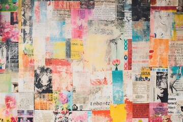Fading monochrome newsprint overlaid on colorful Bohemian-patterned wallpaper - obrazy, fototapety, plakaty