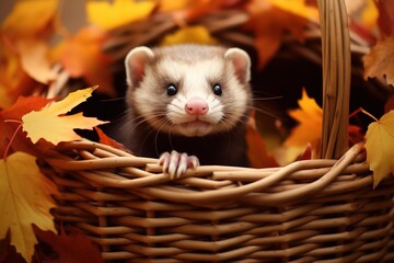 Ferret peeking out from a pile of autumn leaves in a wicker basket