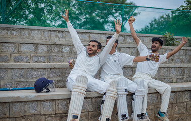 Cricket players encouraging their teammates during cricket match at the stadium