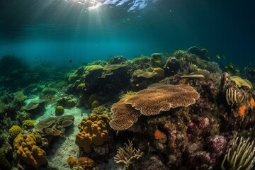 Naklejka na ściany i meble Vibrant underwater seabed abundant with diverse marine organisms. Generative AI