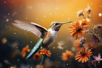 Obraz premium High-speed capture of a hummingbird hovering over a field of wildflowers and grass