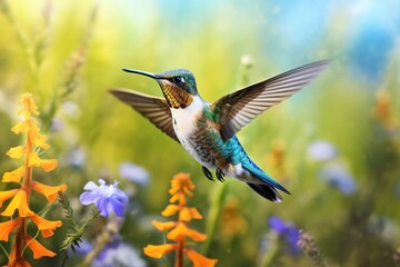 Naklejka premium High-speed capture of a hummingbird hovering over a field of wildflowers and grass