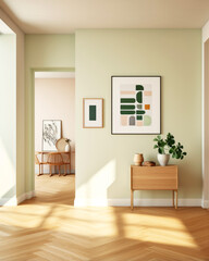 Modern living room in apartment, wooden cabinet and art frame on green wall