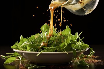 High-speed capture of salad dressing being poured onto a green salad
