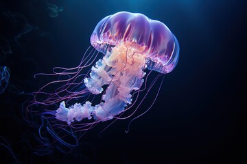 Luminous jellyfish floating in the dark depths of the ocean