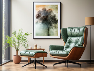 In a modern living room designed with mid-century aesthetics, a light green wingback chair takes center stage against a white wall featuring a large art poster frame