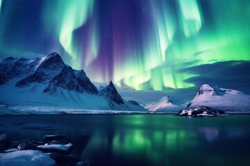 Naklejka premium Northern Lights shimmering over a snow-covered mountain range