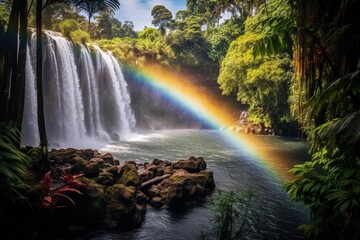 Rainbow arching over a waterfall surrounded by lush foliage