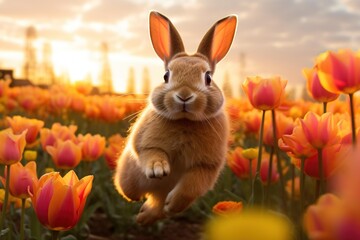 Rabbit in a field of tulips, mid-hop, capturing the sense of motion