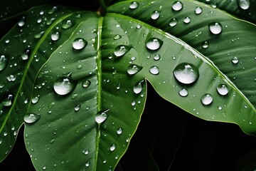 Raindrops pooling in the center of a large tropical leaf, reflecting the canopy above