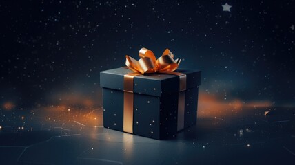 A black gift box with a gold bow - obrazy, fototapety, plakaty
