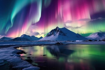 Fototapeta na wymiar Streaks of multicolored northern lights over a snowy mountain range