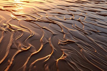 Sand ripples close-up at low tide reflecting the setting sun