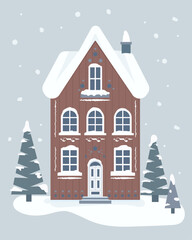 Fototapeta na wymiar Cozy winter houses in Scandinavian style. Editable vector illustration for Christmas invitation, card and website banner. Scandinavian architecture