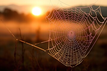 Sunrise seen through a dew-covered spiderweb