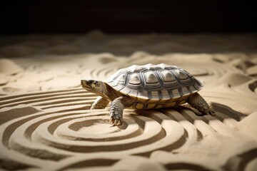 Tortoise walking across a zen garden with carefully raked sand patterns