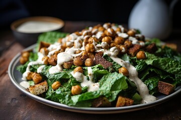 Vegan Caesar salad with cashew dressing and chickpea croutons on a burlap tablecloth - obrazy, fototapety, plakaty