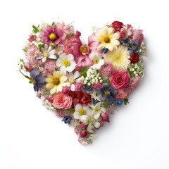 A heart-shaped flower arrangement on a clean white background