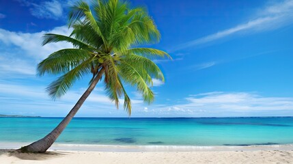 Fototapeta na wymiar a palm tree on a beach with a blue ocean in the background. generative ai