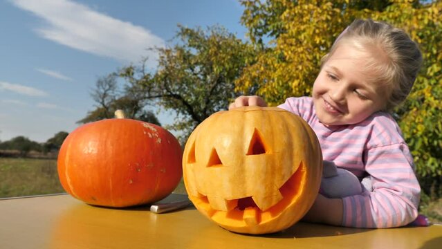 a blond child girl opens the hat of a Halloween pumpkin and looks curiously inside in the middle of the garden
