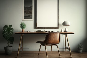 Interior of a modern office with a wooden table, a chair and a poster. 3d rendering mock up