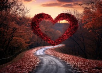A heart-shaped arrangement of red leaves on a scenic country road