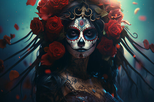 attractive young woman with sugar skull makeup Hispanic children celebrating Dia de los Muertos dia de los muertos of calavera catrina