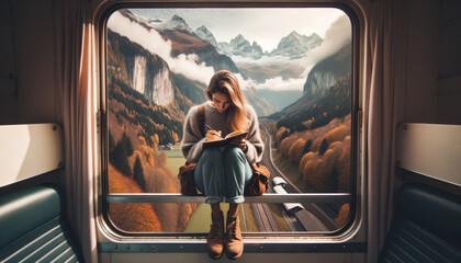 A woman traveler, possibly a writer, is seen jotting down her thoughts in a notebook as she hangs out of a train window, using the stunning autumn mountain landscape as her muse