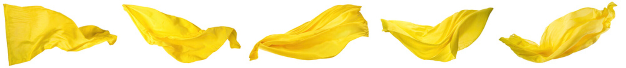 Set of realistic yellow waving cloth, flying scarf, or silk, isolated on a transparent background. PNG cutout or clipping path.