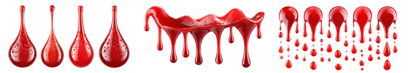 Collection of red blood, ketchup drops, splashes, or sprays; ink, paint, or oil droplets; red and reflective top and side view ketchup. Isolated on a transparent background. PNG cutout or clipping 
