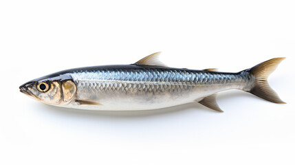 Naklejka premium Sardine fish against a clean white backdrop, capturing its silvery scales and sleek profile