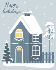 Vector illustration for Christmas. Winter house in Scandinavian style. Christmas card, invitation