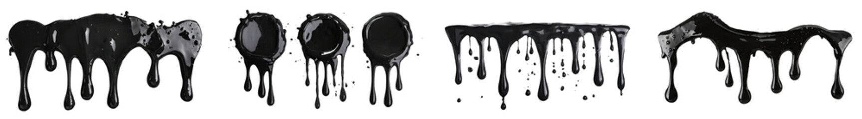 Collection of black paint splashes, falling or pouring with drops and spray droplets, side and top view. Crude oil. Isolated on a transparent background. PNG cutout or clipping path.