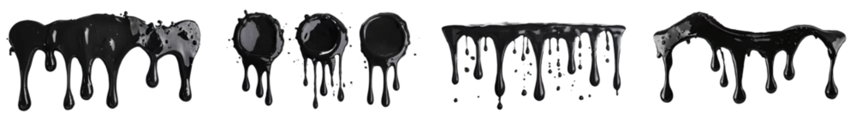  Collection of black paint splashes, falling or pouring with drops and spray droplets, side and top view. Crude oil. Isolated on a transparent background. PNG cutout or clipping path. © Transparent png