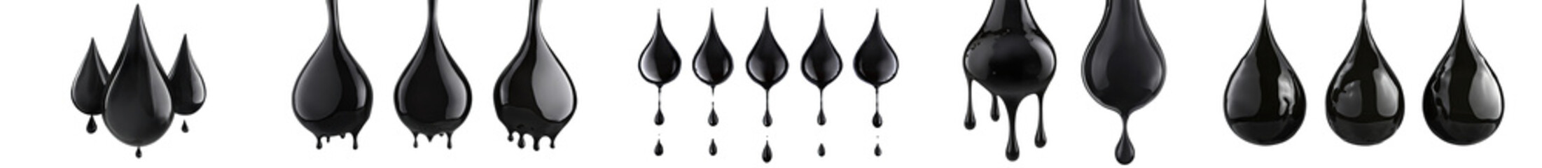  collection of black ink droplets, reminiscent of crude oil, expertly isolated on a transparent background. Available in PNG format with a cutout or clipping path. - obrazy, fototapety, plakaty