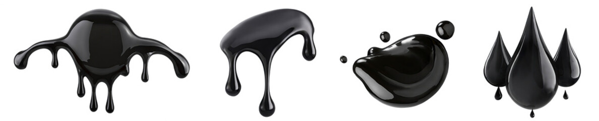 set of black paint or ink oil drops isolated on a transparent background. PNG, cutout, or clipping path. - obrazy, fototapety, plakaty
