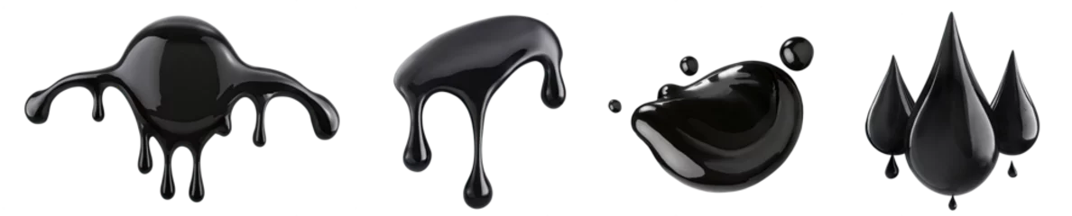 Poster set of black paint or ink oil drops isolated on a transparent background. PNG, cutout, or clipping path. © Transparent png