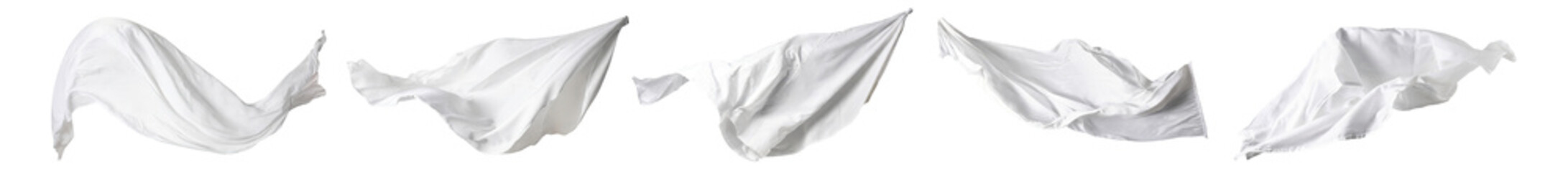 Collection of white  silk cloths, flying, isolated on a transparent background. PNG cutout or clipping path.	