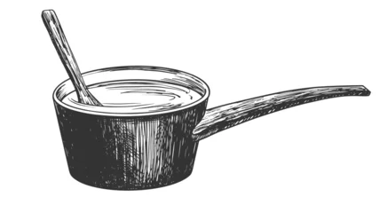 Fotobehang Engraving style saucepan with spoon inside on white background. Sketch style cookware. Hand drawn black and white pan with hatching © Morena