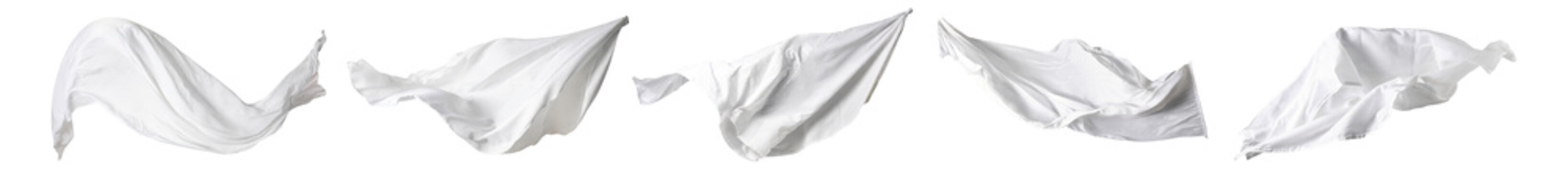 Collection of white  silk cloths, flying, isolated on a transparent background. PNG cutout or clipping path.	