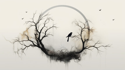 Abstract circle with birds on a tree on a light background