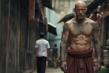 A bald man with tattoos walking down a street