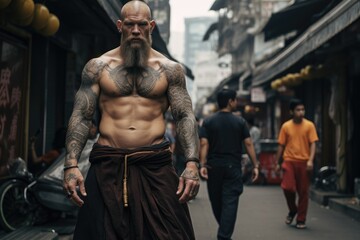Fototapeta na wymiar A bearded man with tattoos walking down a city street