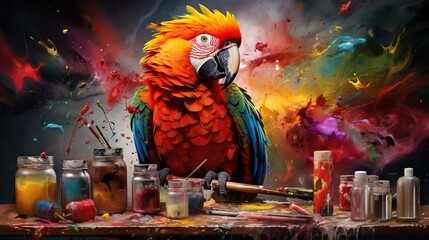  a painting of a colorful parrot sitting on top of a table.  generative ai