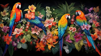  a painting of three parrots sitting on a branch of flowers.  generative ai