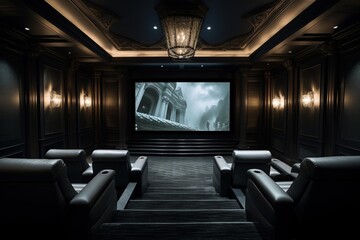 A high-end home theater setup featuring a projection screen and acoustic paneling