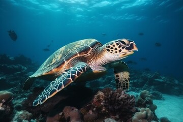 Naklejka na ściany i meble Hawksbill turtle in water, Indian Ocean coral reef in the Maldives. Generative AI