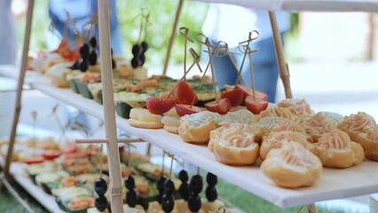 Beautifully decorated banquet table with appetizers from canapes. Business lunch. Catering on a banquet table with appetizers-canapes in a restaurant or hotel.
